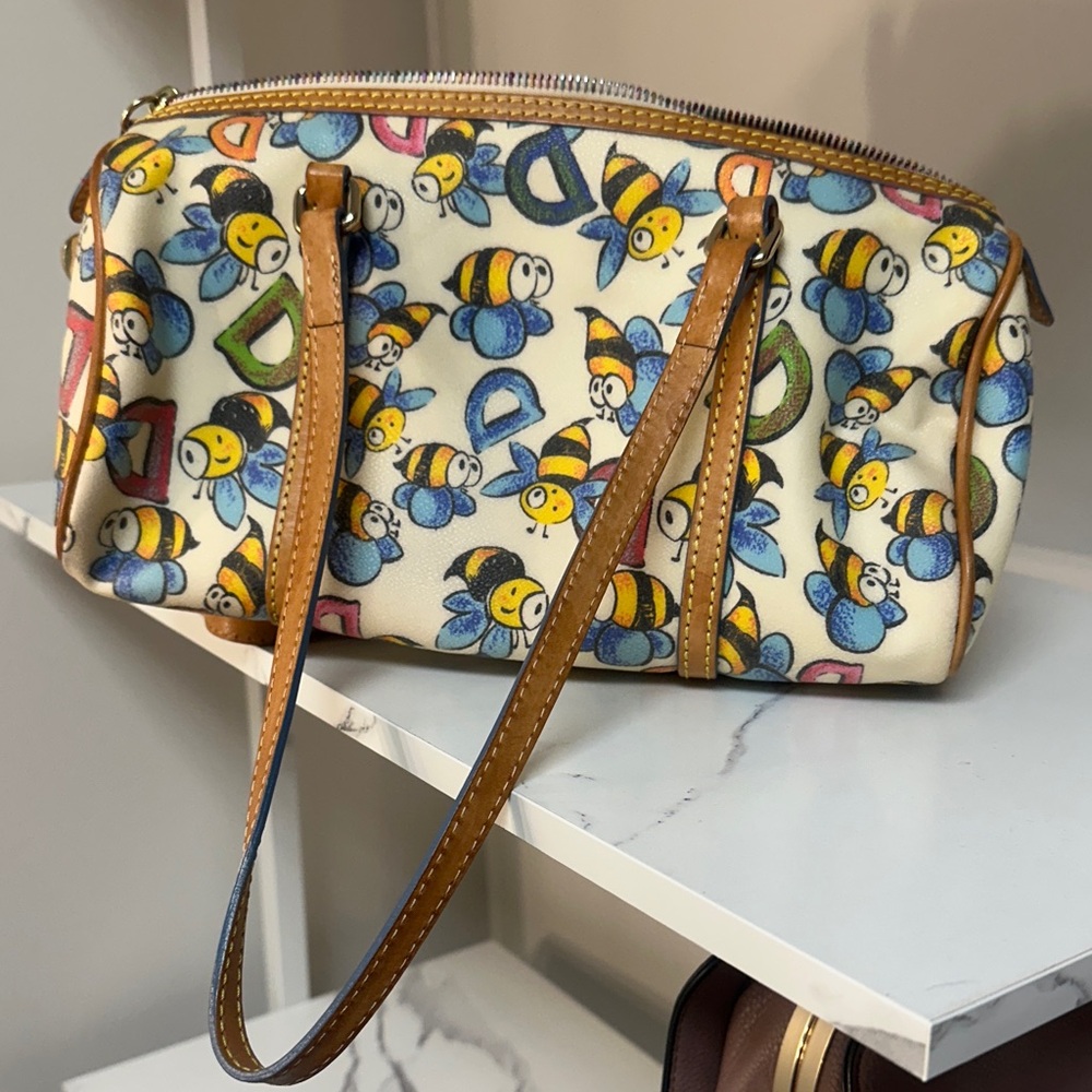 Dooney & Bourke Cream Bee Print Shoulder Bag with Tan Leather Trim